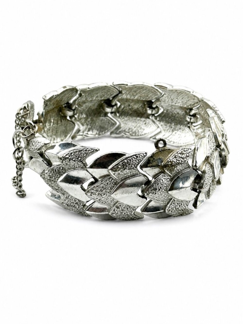 Vintage Coro Wide Silver Tone Chevron Link Bracelet Safety Chain